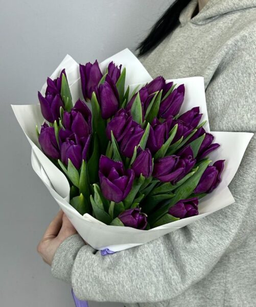 Букет из 25 фиолетовых тюльпанов
